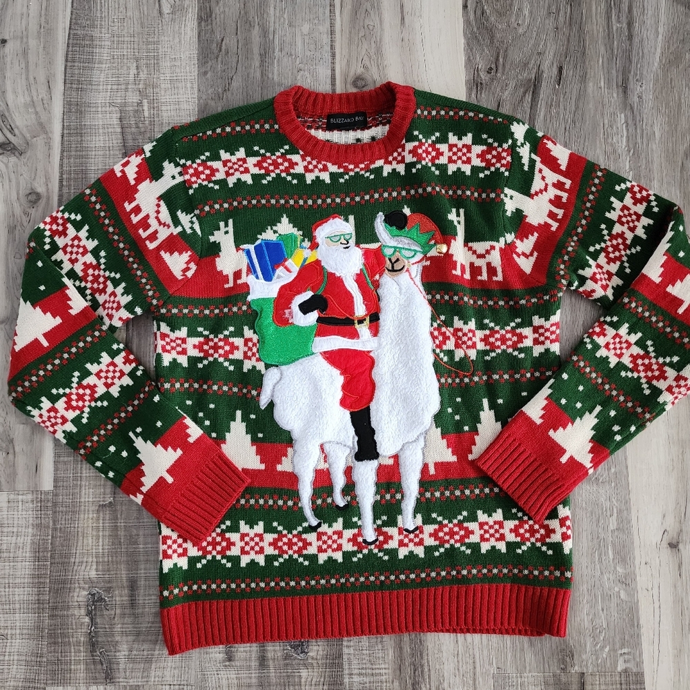 Holiday  Mens Santa Llama Knit Sweater - Red/Green -
